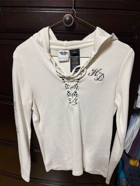 Harley-Davidson Cream Lace-Up Hooded Knit Top with HD Monogram
